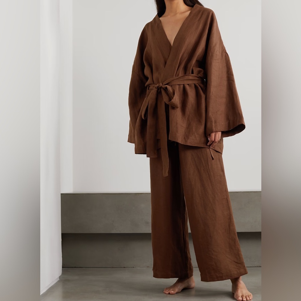 Deiji Studios linen robe pajama set brown M/L